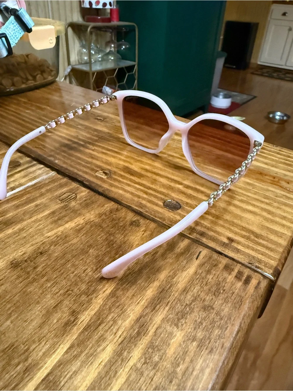 CHANEL Pink Square Sunglasses w Gold Chain Detail on temple